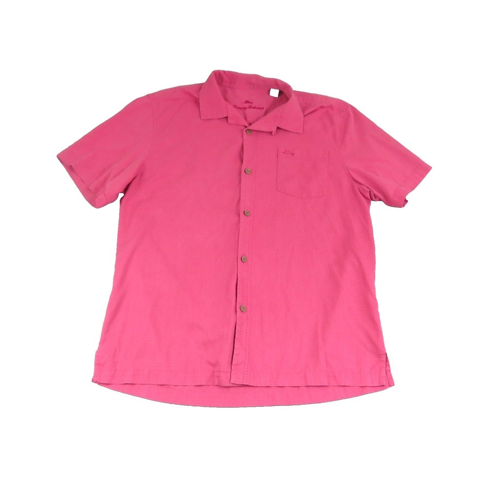 Tommy Bahama Men Large‎ Shirt Pink Silk Short Sleeve Button Up Casual Camp Beach